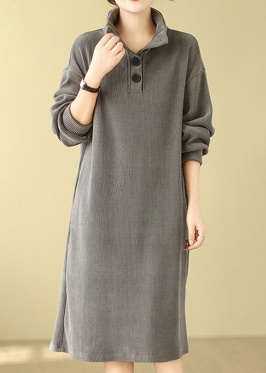 Grey Button Plus Size Simple Corduroy Mid Dress Hign Neck Fall