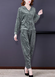 Grey Button Silk Velour Hooded Coats And Harem Pants Two Pieces Set Fall