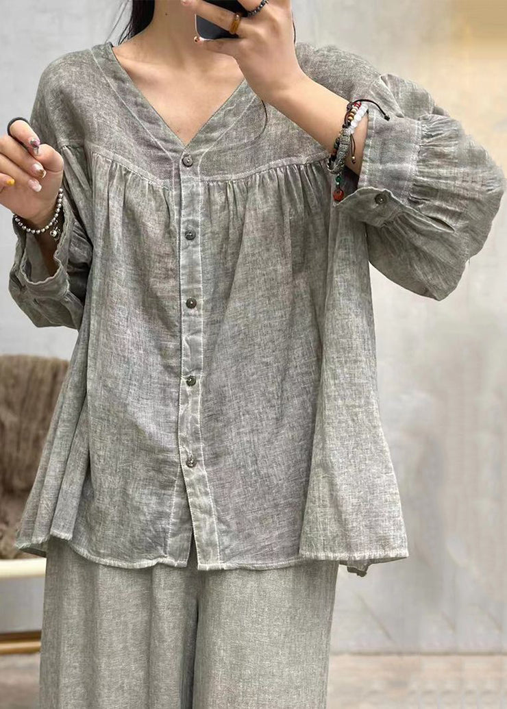 Grey Button Solid Cotton Blouses V Neck Long Sleeve