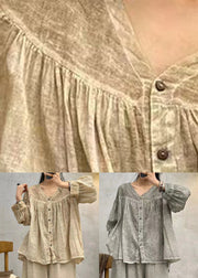 Grey Button Solid Cotton Blouses V Neck Long Sleeve