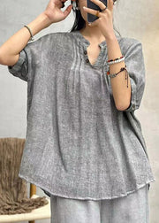 Grey Button Solid Cotton Shirts Stand Collar Half Sleeve