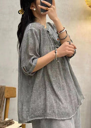 Grey Button Solid Cotton Shirts Stand Collar Half Sleeve