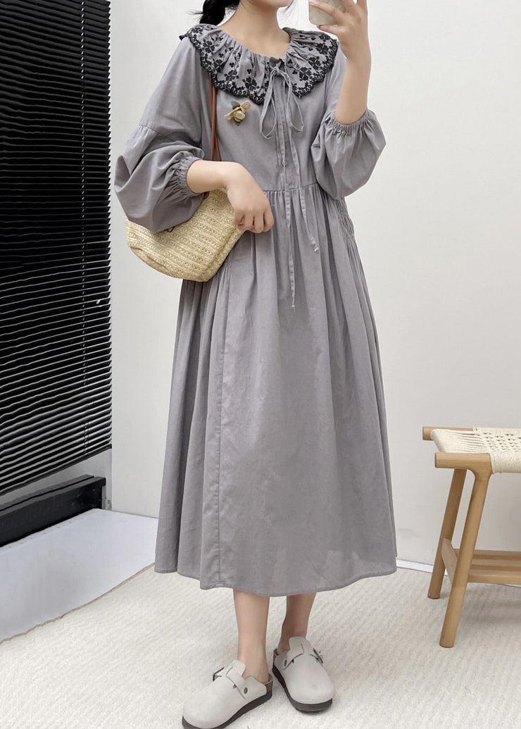 Grey Button Wrinkled Cotton Dresses Embroidered Long Sleeve