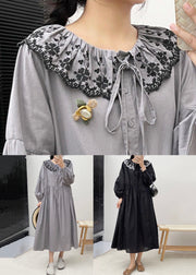 Grey Button Wrinkled Cotton Dresses Embroidered Long Sleeve