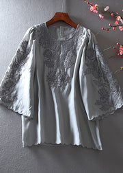 Grey Chiffon Shirt Embroidered Flare Sleeve