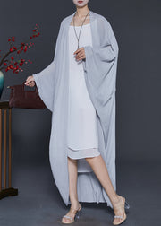 Grey Cotton Long Cardigans Oversized Batwing Sleeve