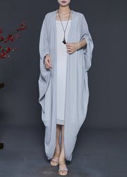 Grey Cotton Long Cardigans Oversized Batwing Sleeve