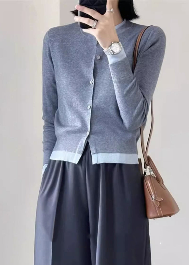 Grey Cozy Patchwork Knit Top O Neck Long Sleeve