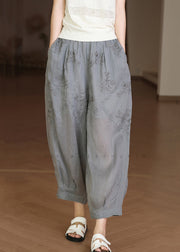 Grey Elastic Waist Linen Crop Pants Embroidered Summer