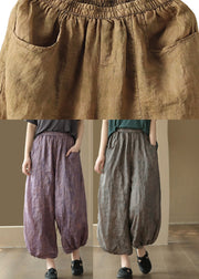 Grey Elastic Waist Solid Ramie Lantern Pants