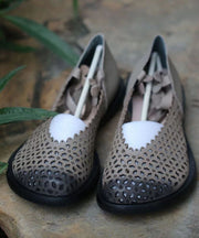 Grey Flat Shoes Calf Fitted Splicing Floral Hollow Out Cross Strap