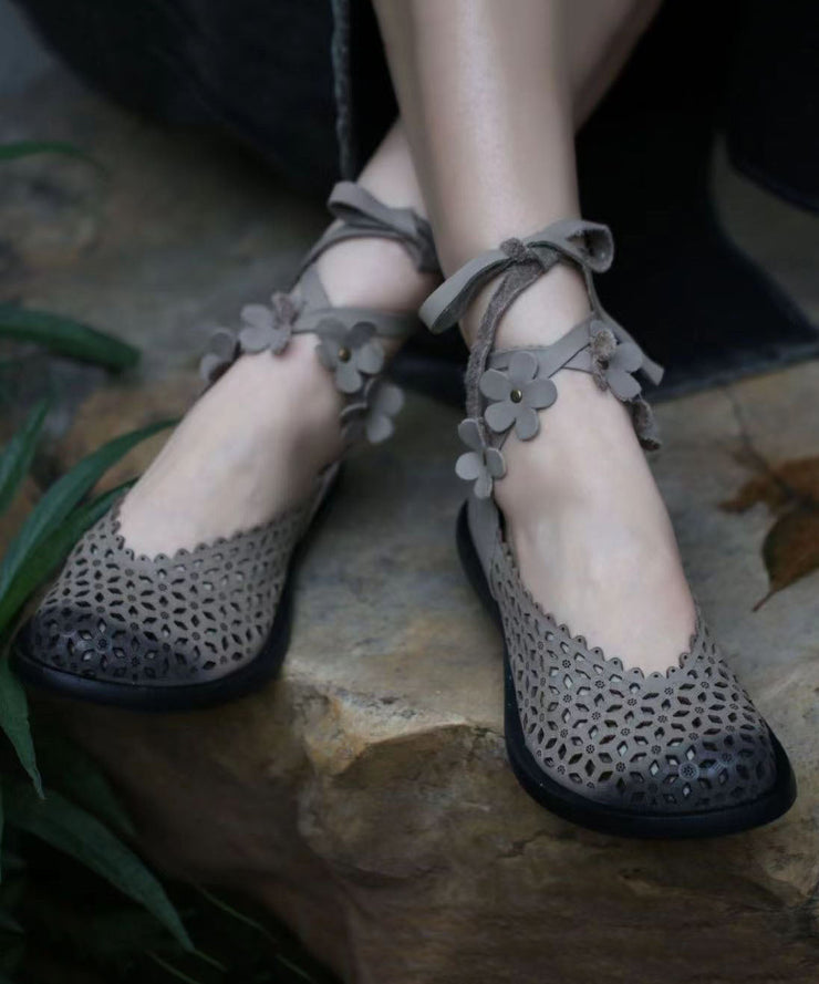 Grey Flat Shoes Calf Fitted Splicing Floral Hollow Out Cross Strap