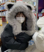 Grey Fuzzy Fur Warm Thick Hat And Scarf Integrated Ear Protection Hat