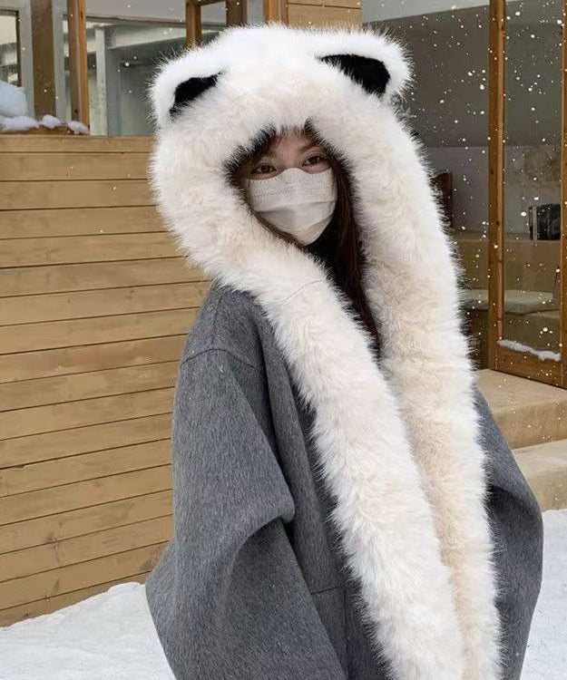 Grey Fuzzy Fur Warm Thick Hat And Scarf Integrated Ear Protection Hat