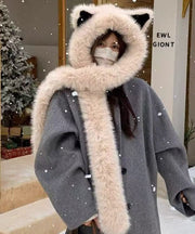 Grey Fuzzy Fur Warm Thick Hat And Scarf Integrated Ear Protection Hat