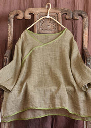 Grey Green V Neck Low High Design Linen Top Long Sleeve