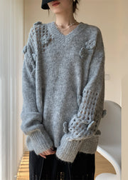 Grey Hollow Out Cozy Cotton Knit Spring Sweater V Neck