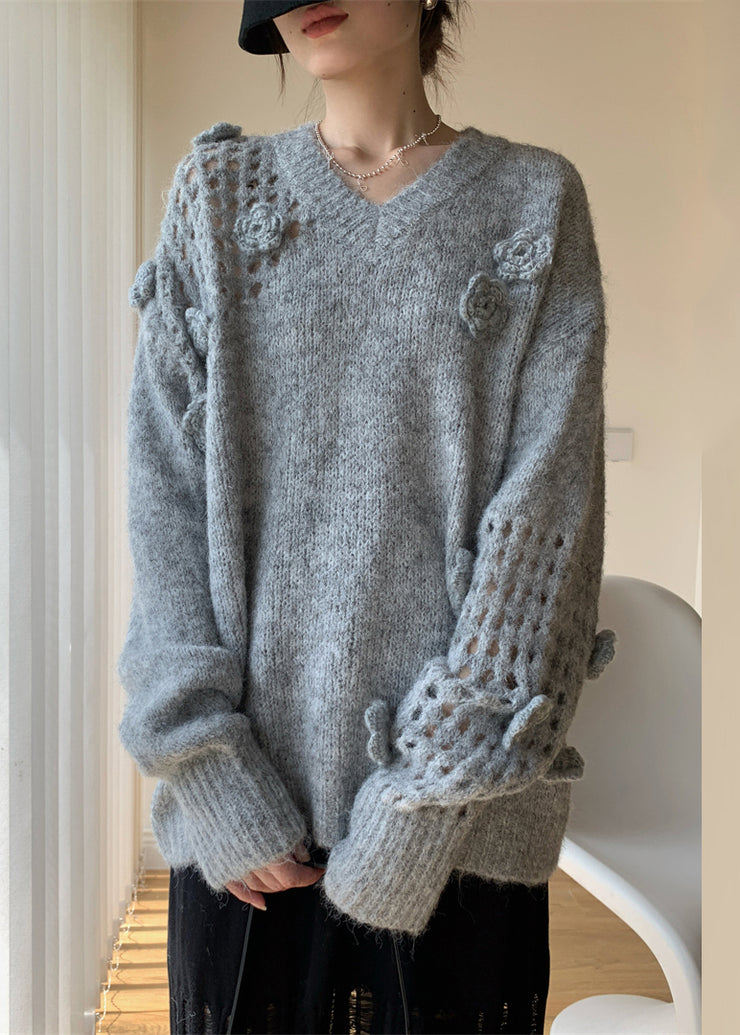 Grey Hollow Out Cozy Cotton Knit Spring Sweater V Neck