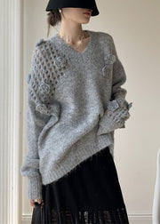 Grey Hollow Out Cozy Cotton Knit Spring Sweater V Neck