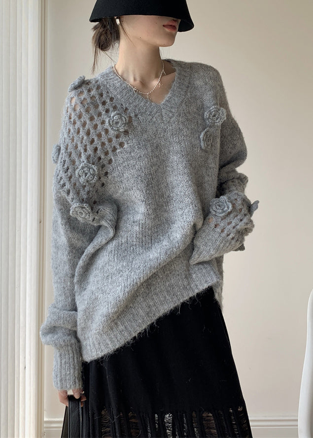 Grey Hollow Out Cozy Cotton Knit Spring Sweater V Neck