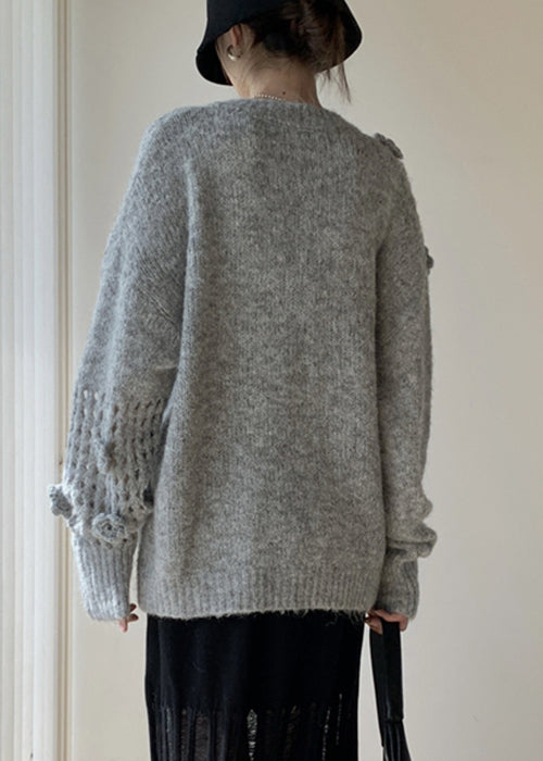 Grey Hollow Out Cozy Cotton Knit Spring Sweater V Neck