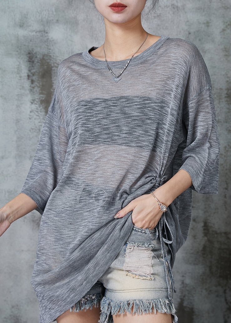 Grey Hollow Out Ice Knit Tops Cinched Summer