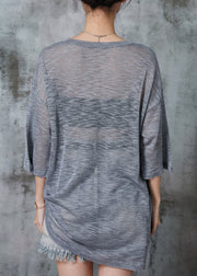 Grey Hollow Out Ice Knit Tops Cinched Summer