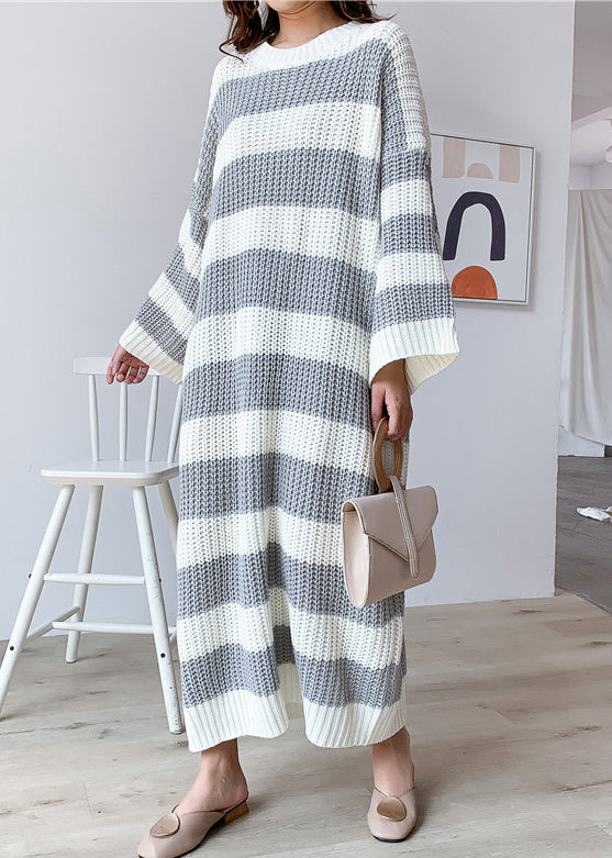 Grey Hollow Out Patchwork Knit Dress O Neck Spring