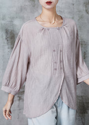 Grey Loose Cotton Shirt Tops Double Breast Bracelet Sleeve