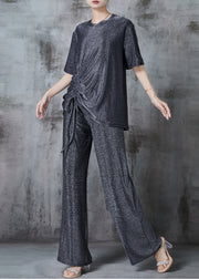 Grey Loose Silk Two Piece Suit Set Drawstring Summer