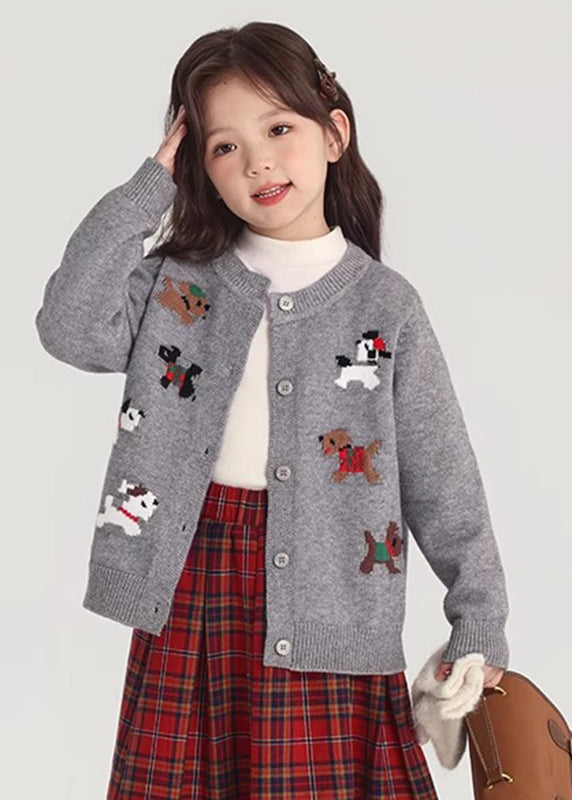 Grey O-Neck Button Cotton Knit Girls Cardigan Spring