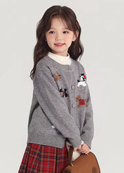 Grey O-Neck Button Cotton Knit Girls Cardigan Spring