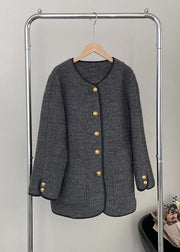 Grey O-Neck Button Woolen Jackets Spring