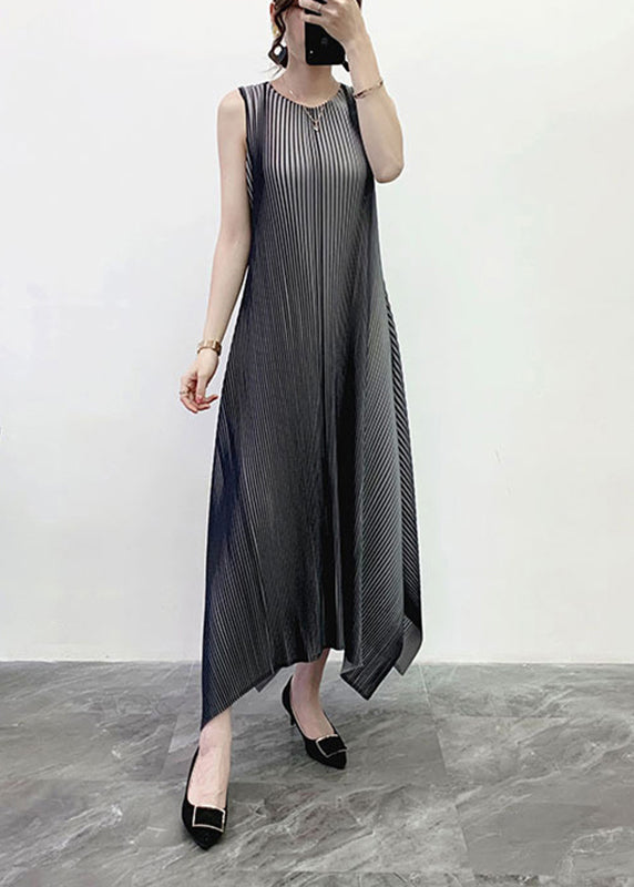 Grey O-Neck Striped Gradient color Long Dress Sleeveless