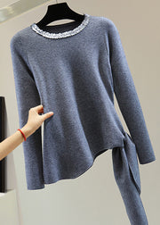 Grey O-Neck Tie Waist Cotton Knit Sweater Long Sleeve