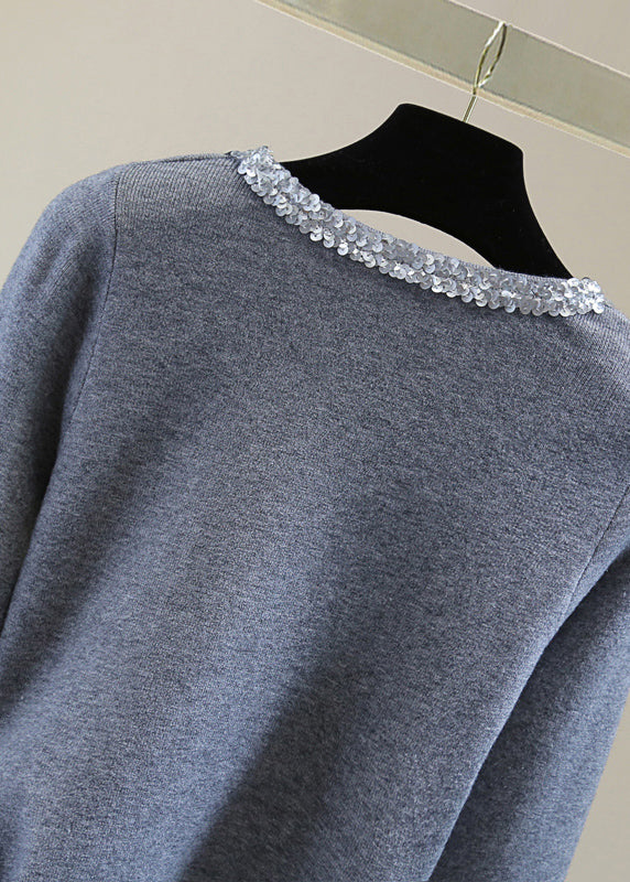 Grey O-Neck Tie Waist Cotton Knit Sweater Long Sleeve