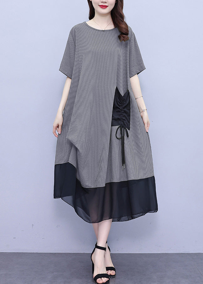 Grey O-Neck Wrinkled Chiffon Maxi Dresses Summer