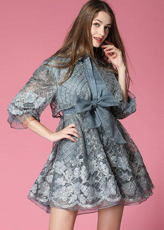 Grey Organza Vacation Dress Embroideried Hollow Out Spring