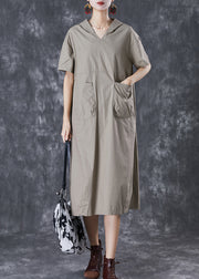 Grey Oversized Cotton Loose Sweatshirt Dress Hooded Pockets Summer