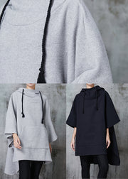 Grey Oversized Cotton Sweatshirts Dress Hooded Batwing Sleeve