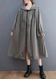 Grey Oversized Cotton Trench Coat Hooded Drawstring Spring