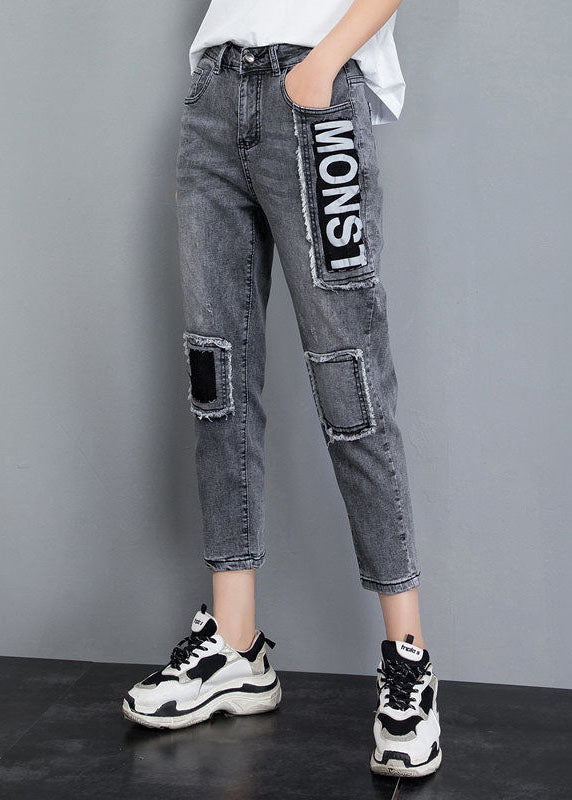 Grey Patchwork Applique Cotton Denim Crop Pants High Waist Tassel Summer