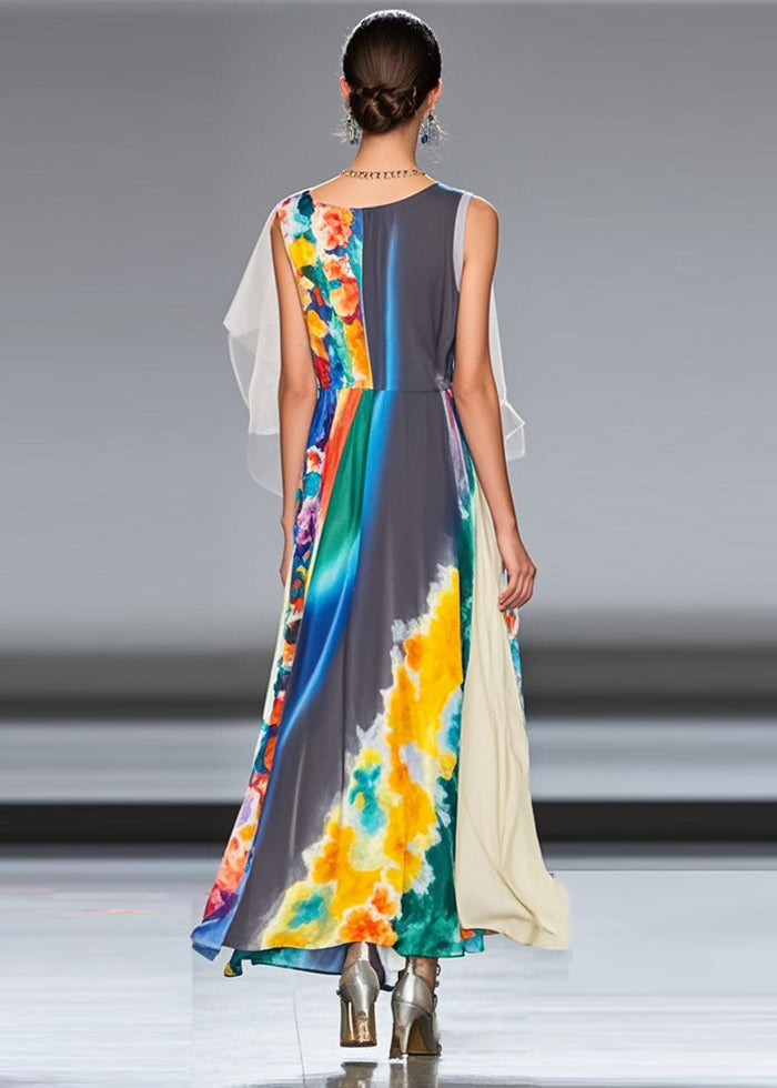 Grey Patchwork Chiffon Long Dress Asymmetrical Print Summer