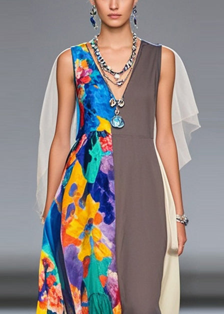 Grey Patchwork Chiffon Long Dress Asymmetrical Print Summer