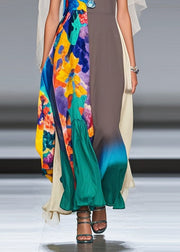 Grey Patchwork Chiffon Long Dress Asymmetrical Print Summer