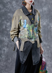 Grey Patchwork Cotton Sweatshirt Asymmetrical Print Spring