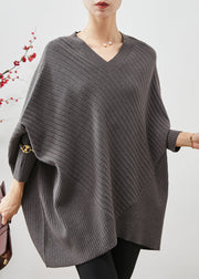 Grey Patchwork Knitted Tops Oversized Batwing Sleeve