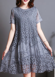 Grey Patchwork Lace Holiday Dress Embroidered Summer