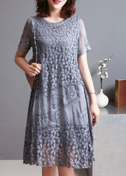 Grey Patchwork Lace Holiday Dress Embroidered Summer