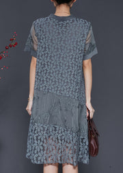 Grey Patchwork Lace Maxi Dress Embroidered Summer